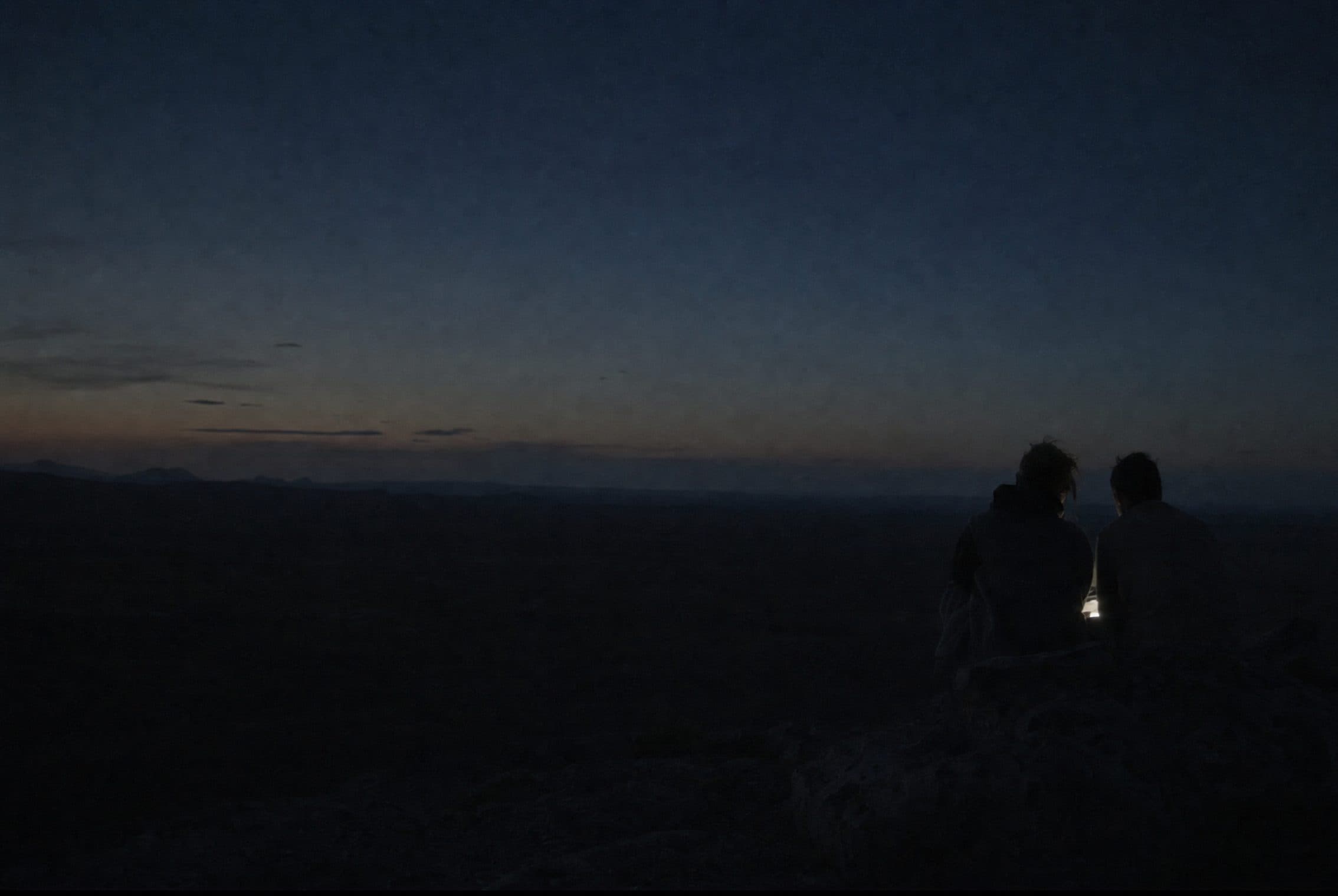 Two people sit together on a rock at deep dusk over a vast dark plain, a single small light glowing between them.