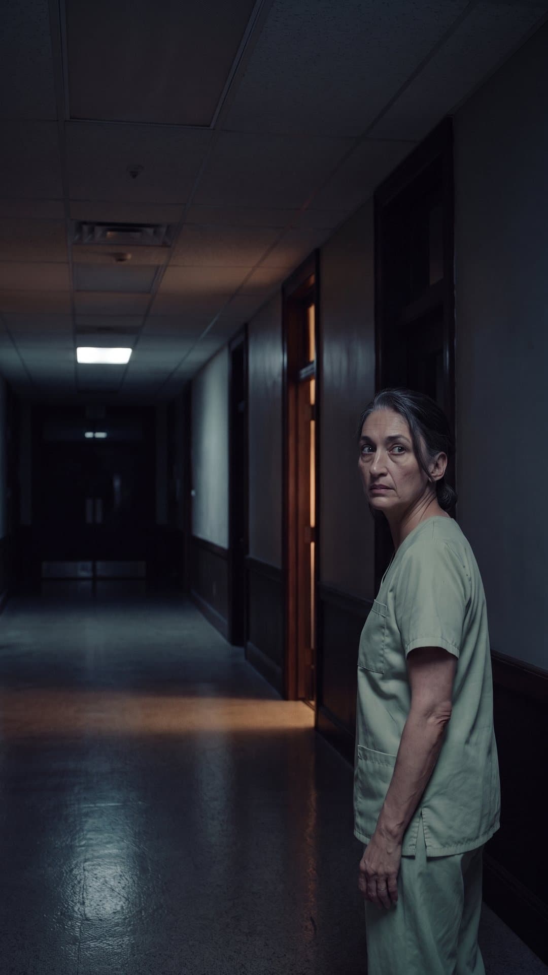 An orderly stops in a dark corridor beside a lit doorway and looks back over her shoulder.