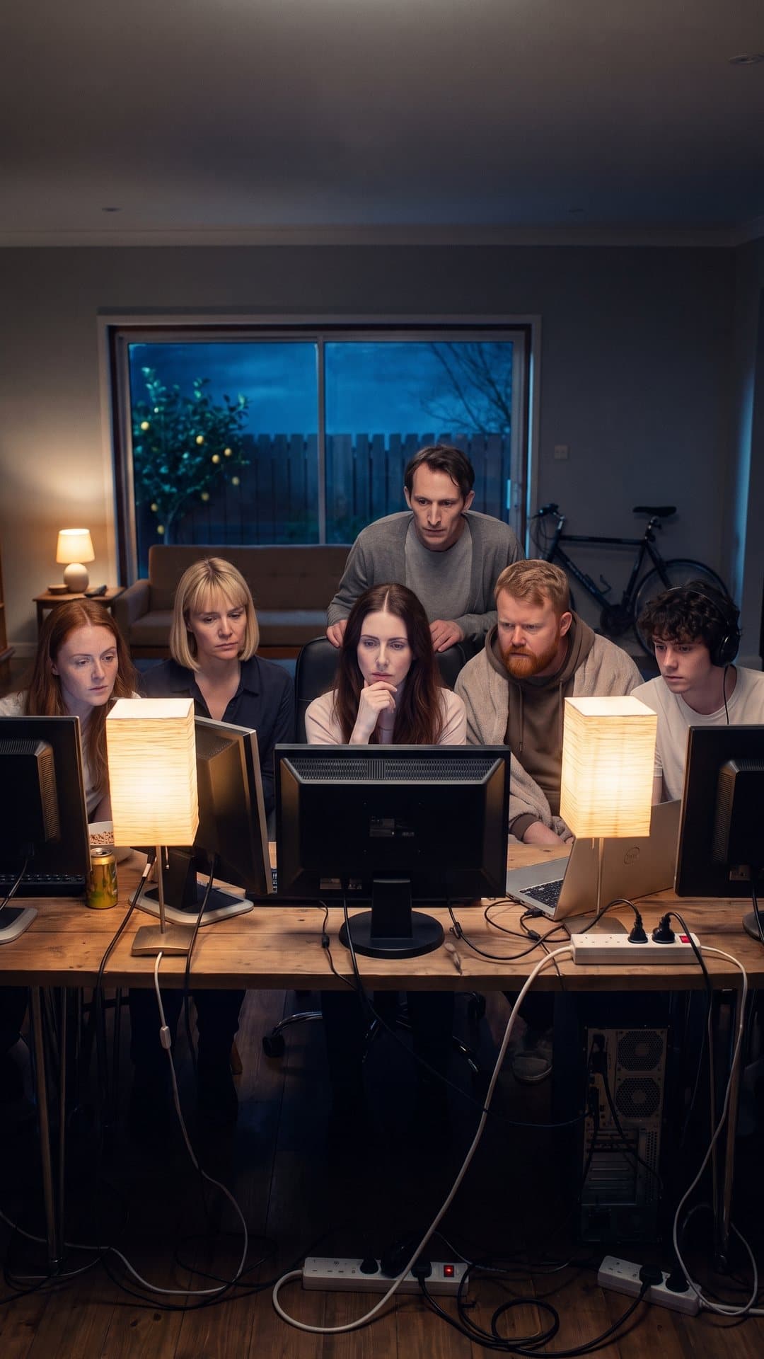 Six housemates along a long desk of monitors in a darkened living room, lit by two shaded desk lamps.