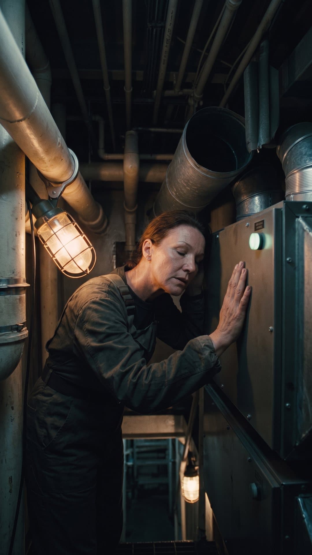 An engineer rests her palm flat against a machine housing, listening to it through her hand.